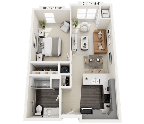 A 3D floor plan of a small apartment with two bedrooms and a living area.